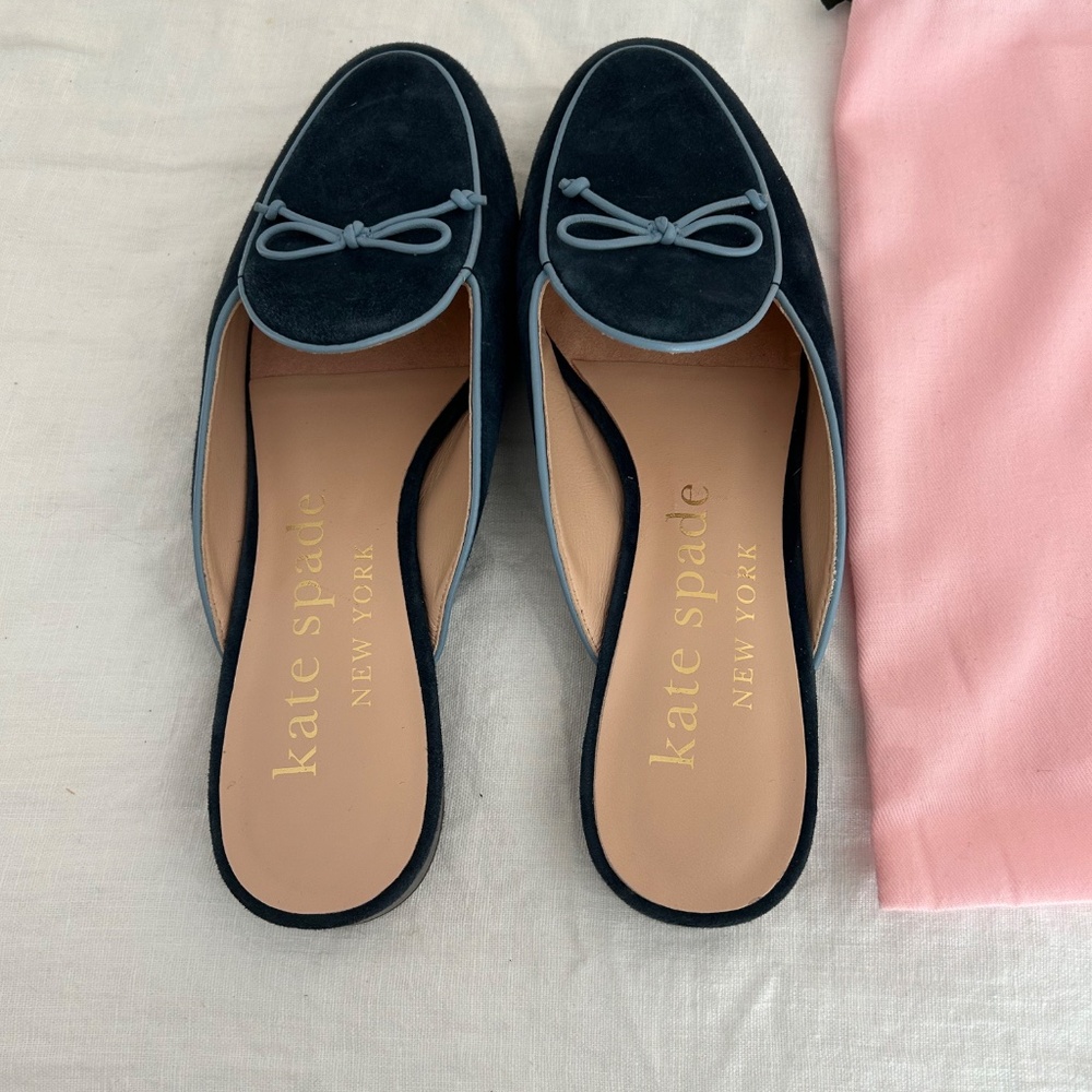 Kate Spade Bow Accent Navy Suede Mules Size 7.5 - Picture 2 of 4